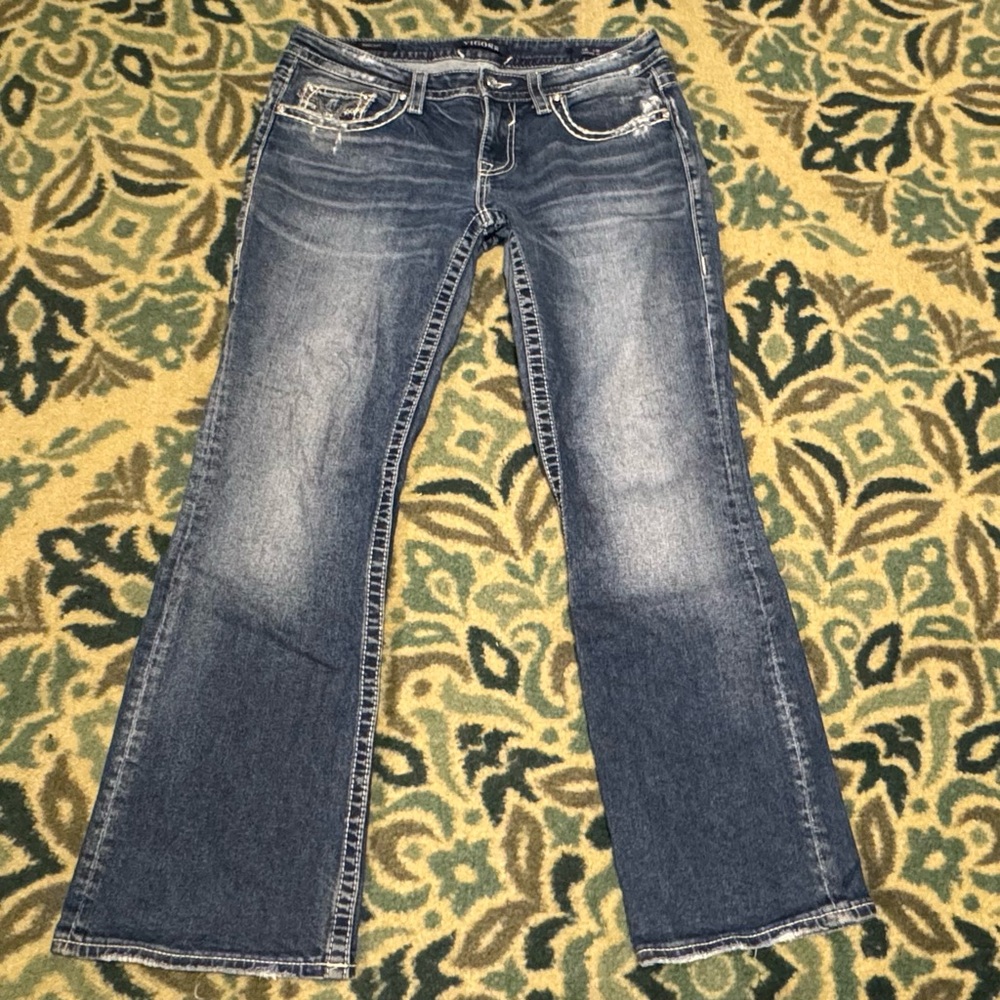 Women's Vigoss Heritage Fit Distressed Wash Stretch Flare Boot Jeans 10 33 x 29